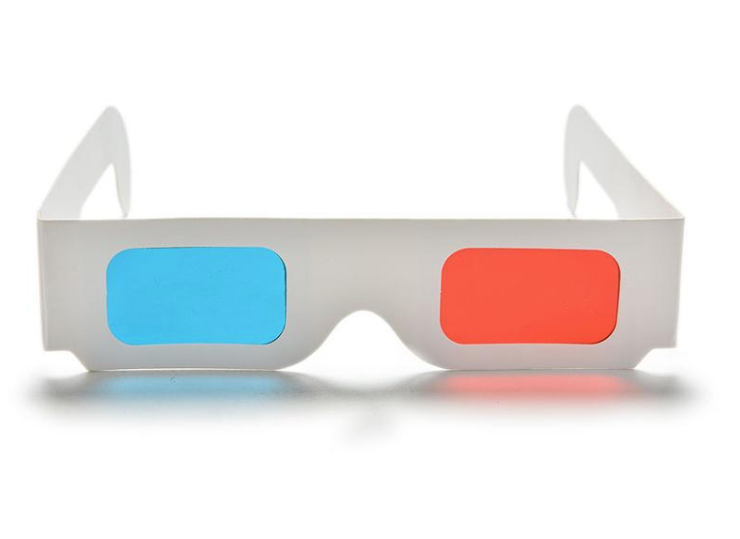Gafas anaglifas de cartón blanco con lentes rojo y cian